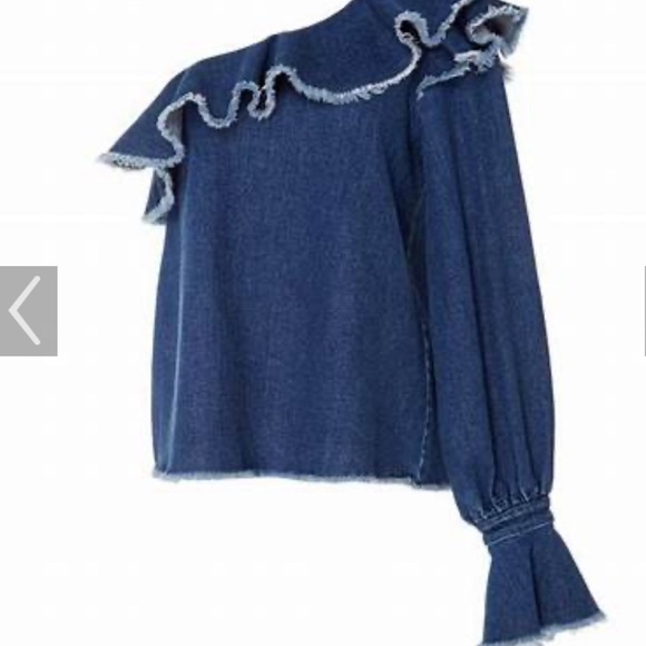 TANYA TAYLOR Denim Orla One-Shoulder Ruffle Fringe Top in Indigo - Picture 7 of 7